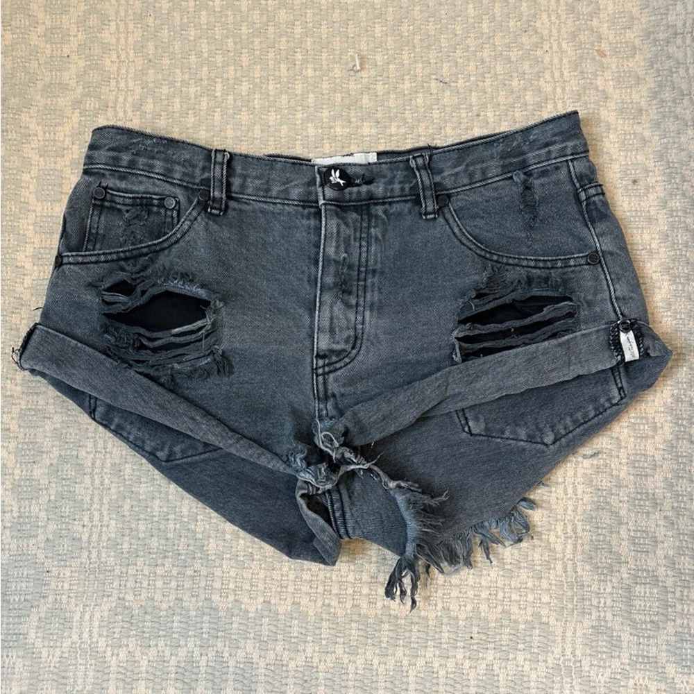 One Teaspoon Charcoal Distressed Rolled Hem Jean Shorts